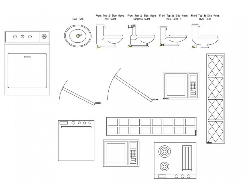 Multiple kitchen equipment and toilet sheet blocks cad drawing details dwg file