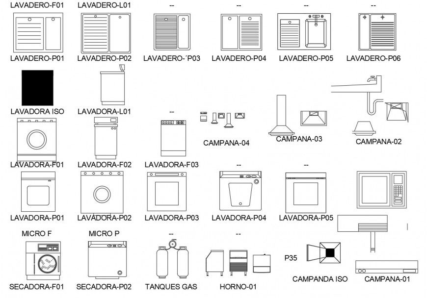 Multiple kitchen equipment blocks 2d drawing details dwg file