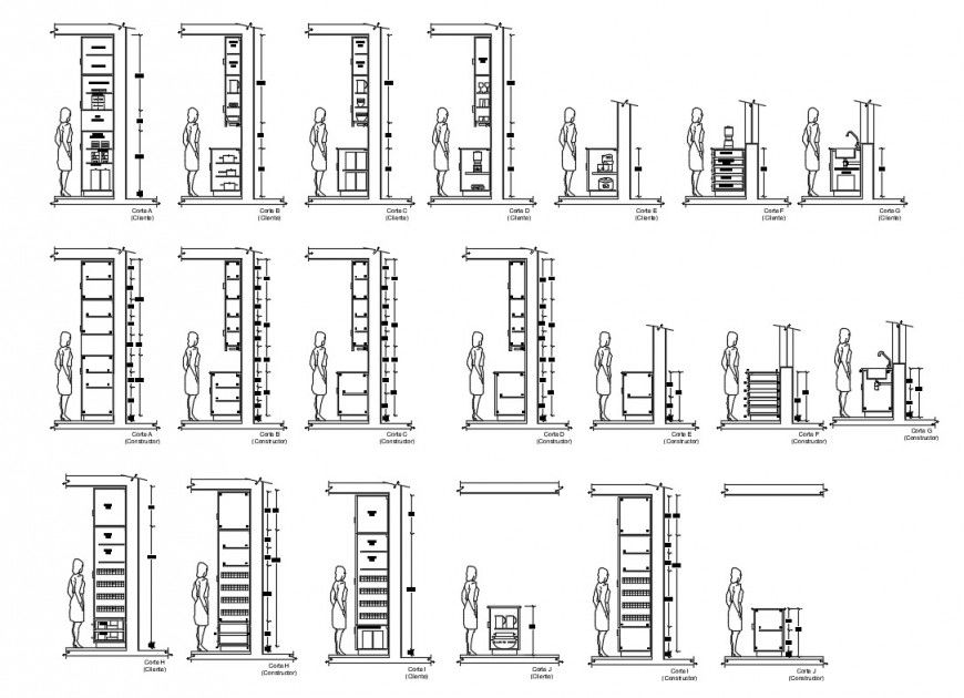 Multiple kitchen side section details for apartment building dwg file