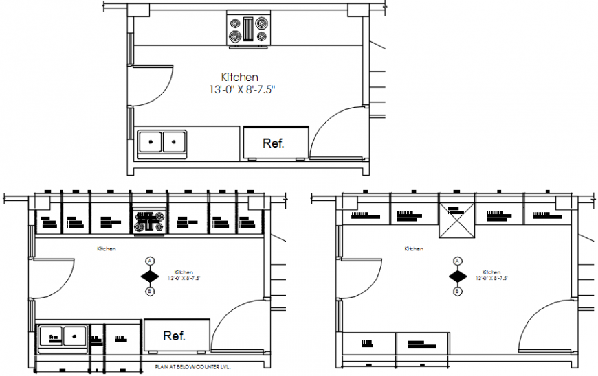 Multiple kitchens top view layout plan with furniture cad drawing details dwg file