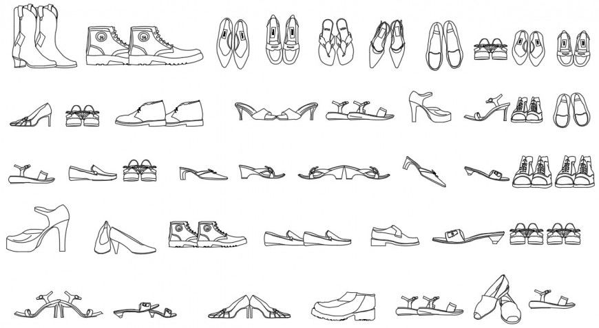 Multiple ladies and gents shoe elevation blocks drawing details dwg file
