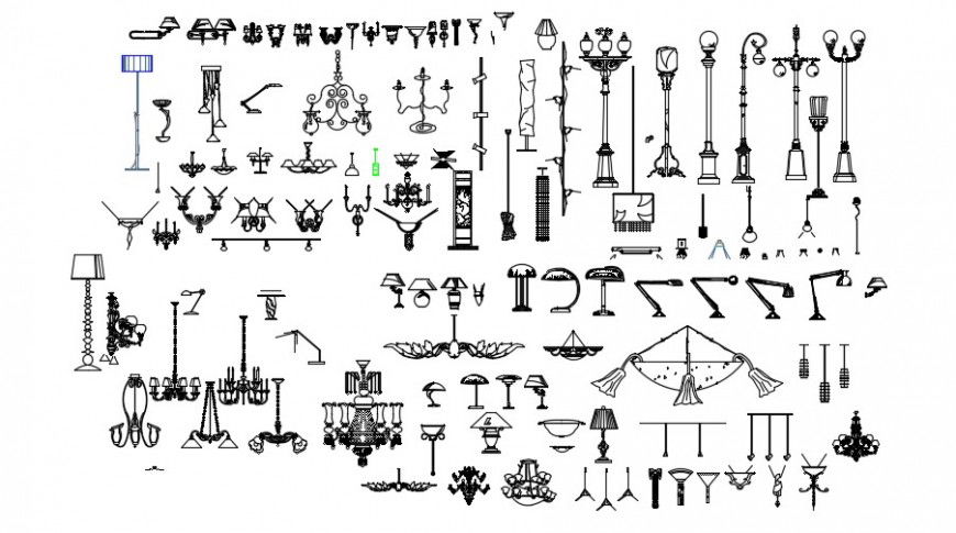 Multiple lamps, ceiling lights and chandelier blocks cad drawing details dwg file