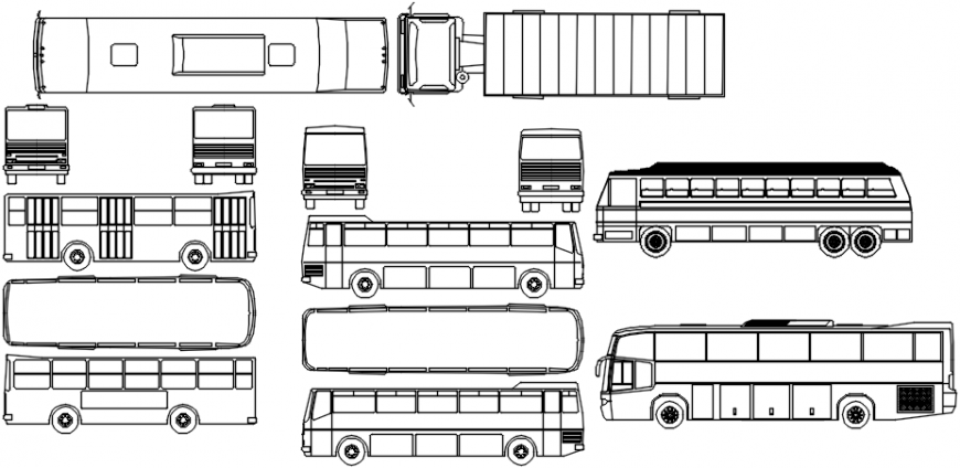 Multiple long buses all sided elevation block cad drawing details dwg file