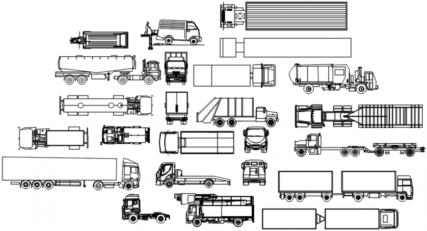 Multiple long trucks and constructive vehicle blocks drawing details dwg file