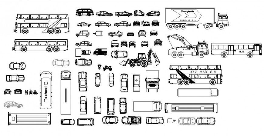 Multiple long vehicles and car blocks cad drawing details dwg file