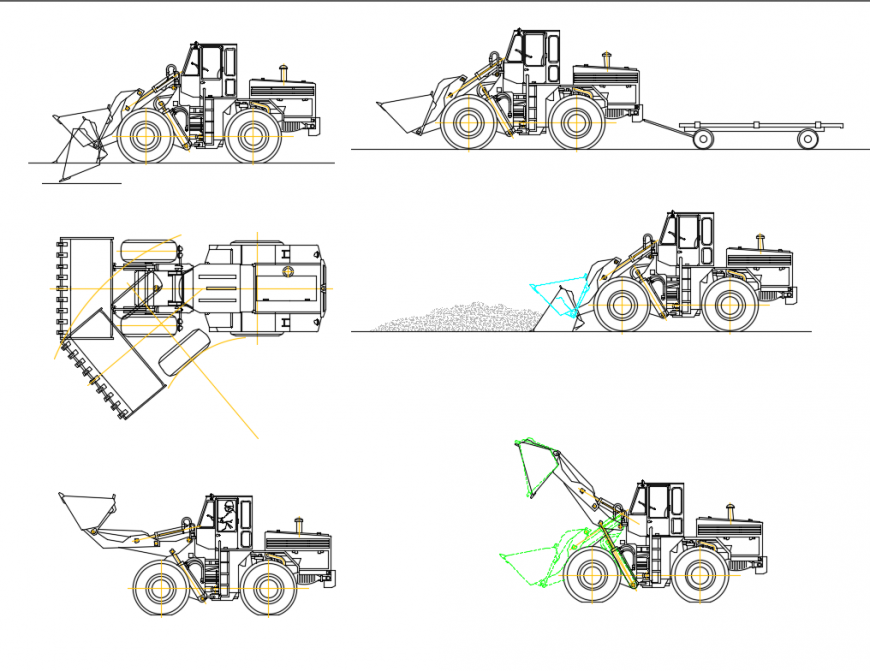 Multiple machinery trucks blocks design details all sided view dwg file