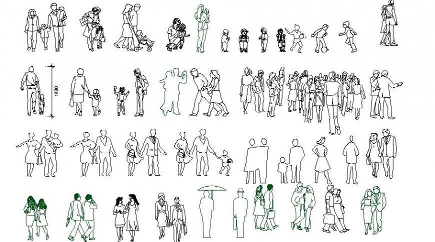 Multiple men, women and children blocks elevation dwg file