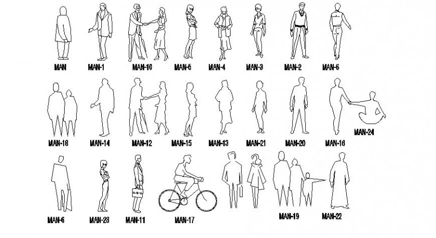 Multiple men, women and children figure 2d blocks cad drawing details dwg file
