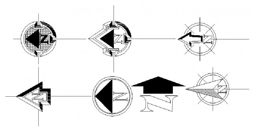 Multiple north sided direction blocks cad drawing details dwg file