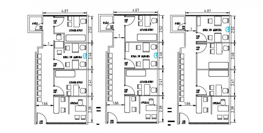 Multiple office cabins for doctors distribution plan details dwg file