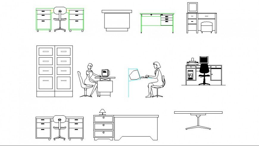 Multiple office desk and cabinets blocks cad drawing details dwg file