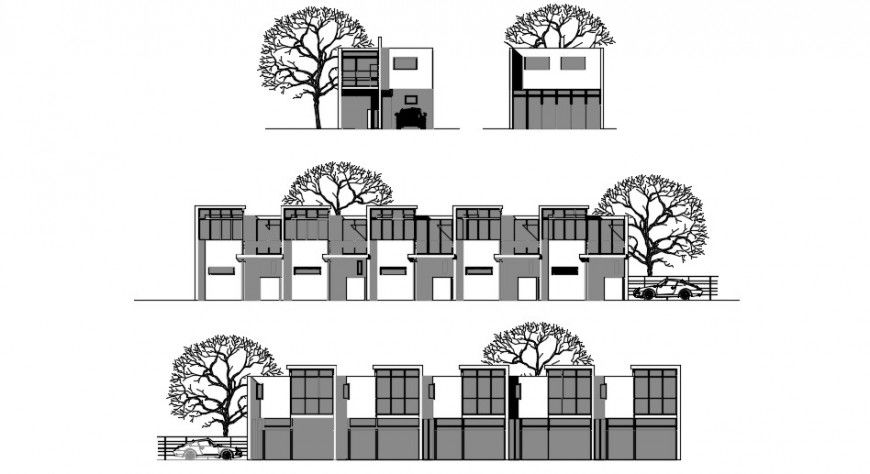 Multiple one family houses all sided elevation drawing details dwg file