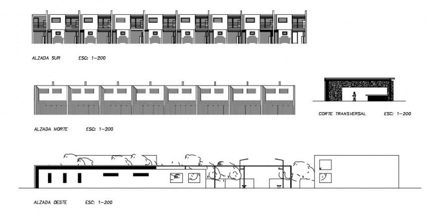 Multiple one family houses main and back elevation and main section details dwg file