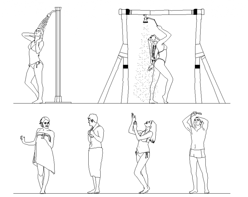 Multiple people act blocks in the shower cad drawing details dwg file