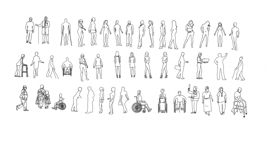 Multiple people act elevation 2d blocks drawing details dwg file