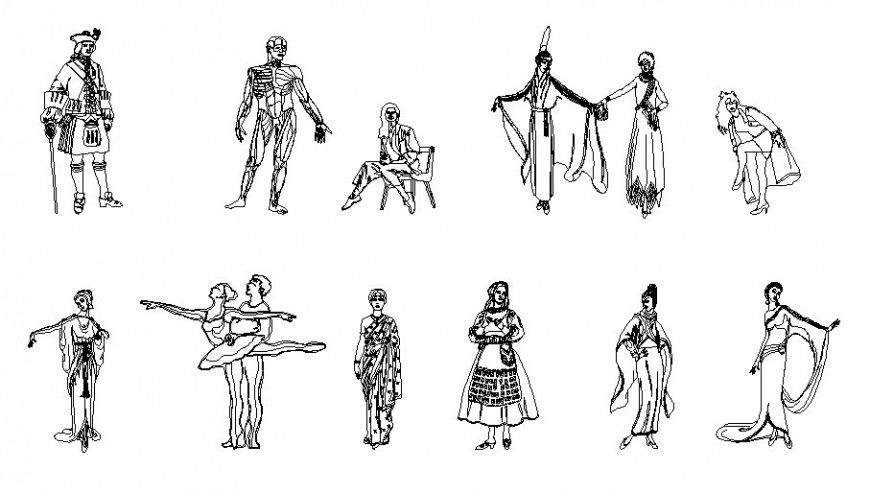 Multiple people blocks in national traditional dresses cad drawing details dwg file