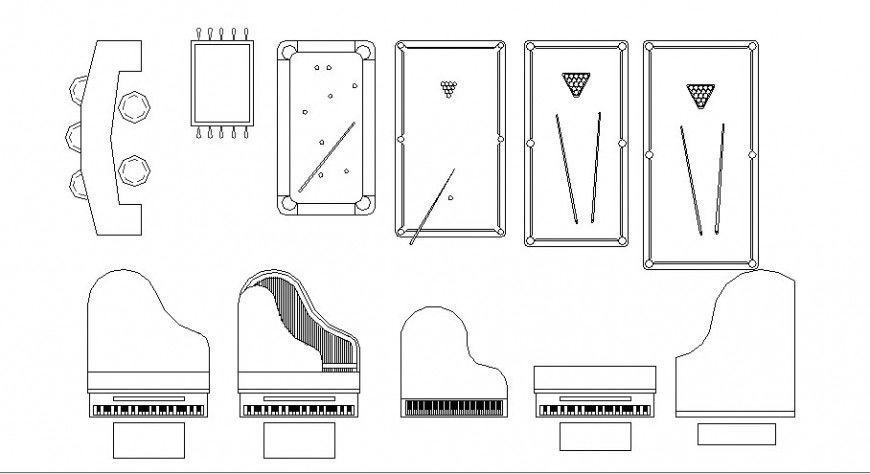 Multiple piano table and pool and game table blocks cad drawing details dwg file