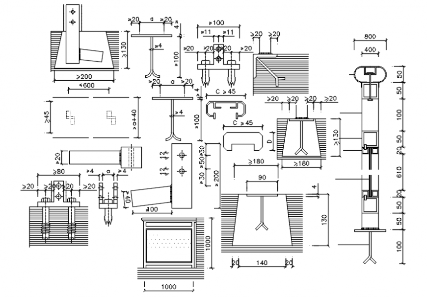 Multiple prefabricated balcony railing and installation drawing details dwg file
