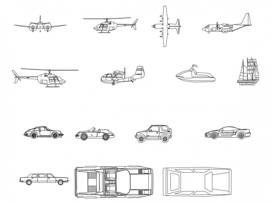 Multiple road and air vehicle elevation blocks drawing details dwg file