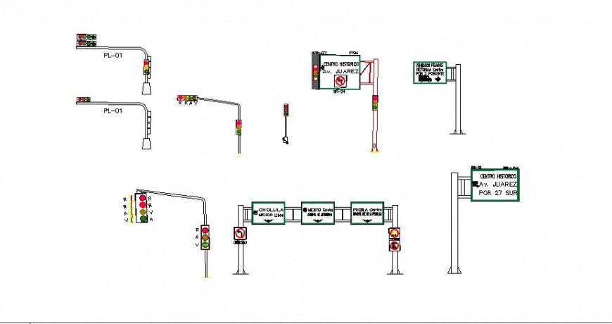 Multiple road signal pole elevation blocks cad drawing details dwg file