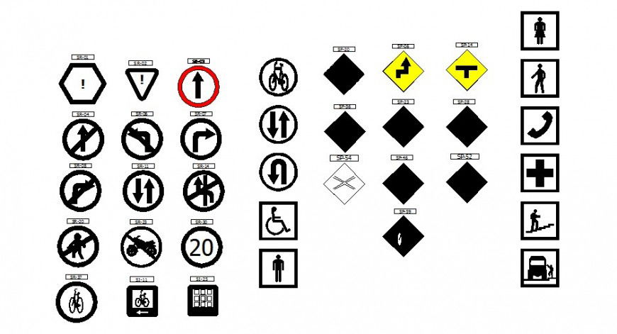 Multiple road signs and symbol blocks cad drawing details dwg file
