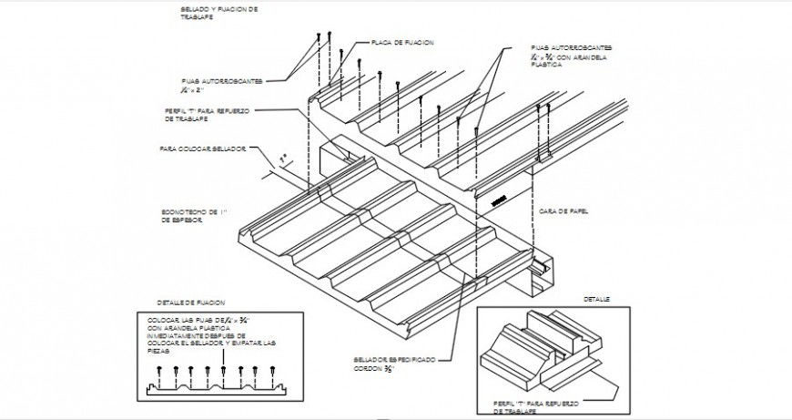 Multiple roof panels section and construction details dwg file