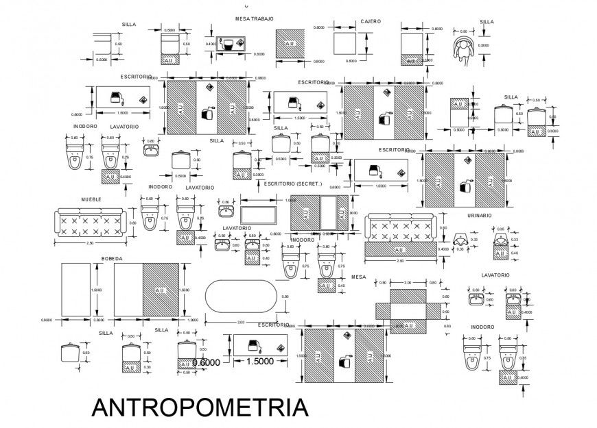 Multiple sanitary and anhtro-pometry blocks cad drawing details dwg file