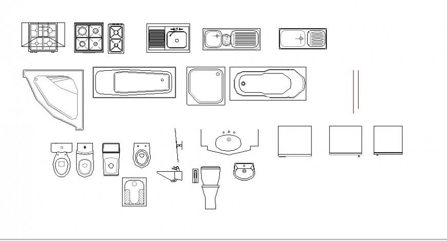 Multiple sanitary equipment and kitchen equipment blocks drawing details dwg file