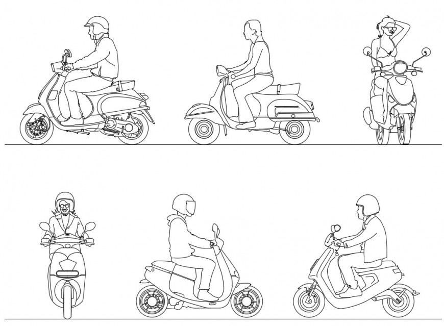 Multiple scooter driving people elevation blocks drawing details dwg file