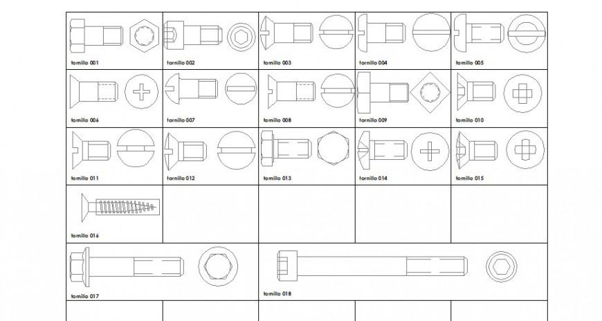 Multiple screw and bolts 2d elevation blocks details dwg file