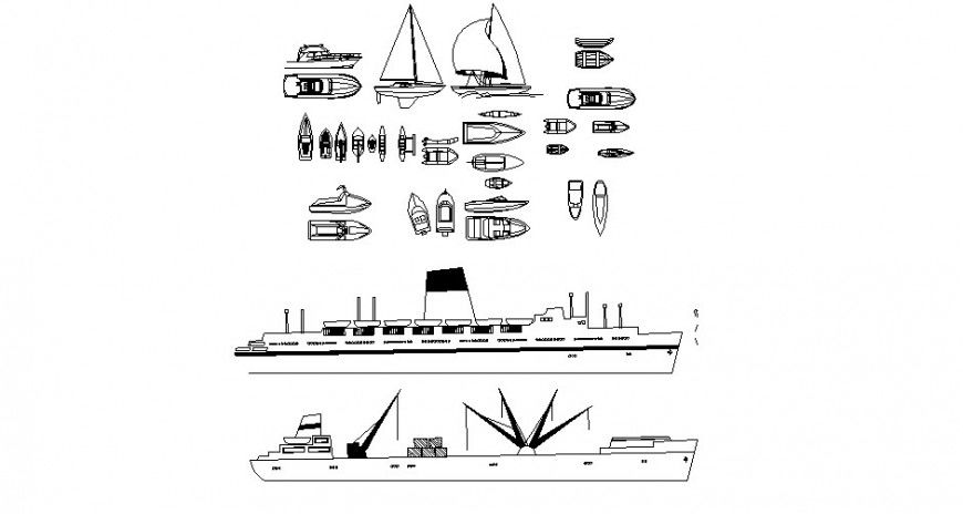 Multiple ships and boat elevation 2d blocks cad drawing details dwg file