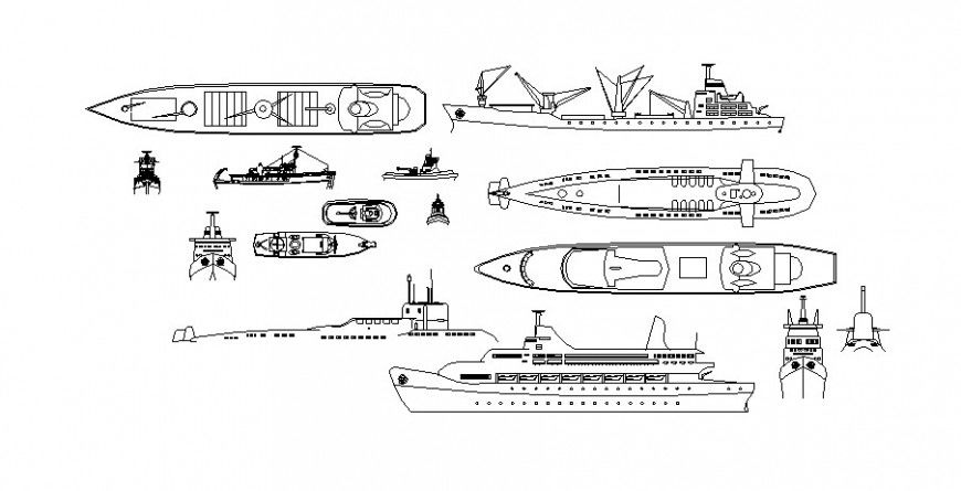 Multiple ships and boats elevation 2d blocks cad drawing details dwg file
