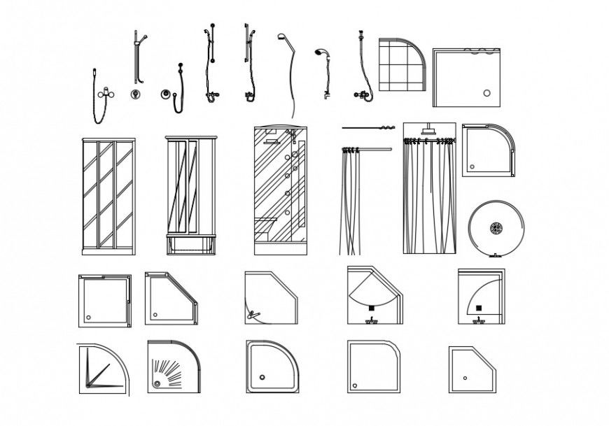 Multiple showers and sanitary equipment blocks cad drawing details dwg file