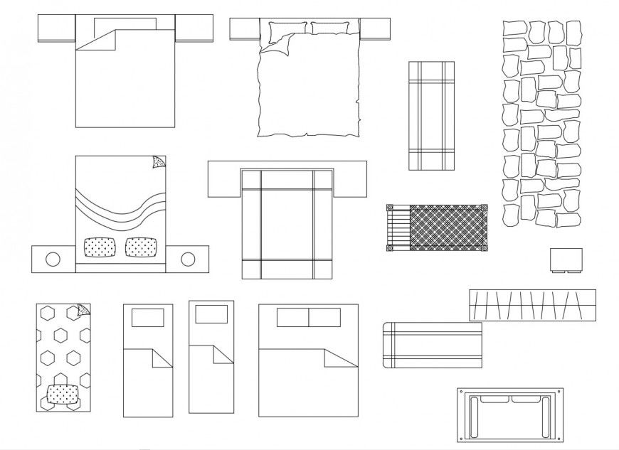 Multiple single, double beds and furniture cad drawing details dwg file