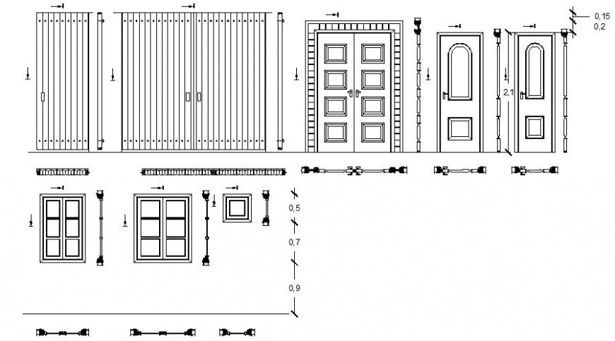 Multiple single and double door and gate elevation blocks drawing details dwg file