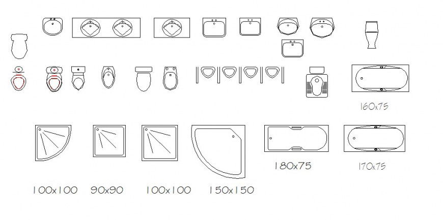 Multiple sink and sanitary equipment blocks drawing details dwg file