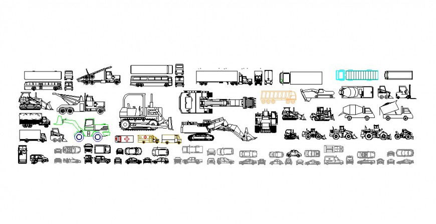 Multiple small vehicles and transportation vehicle blocks cad drawing details dwg file