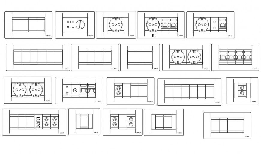 Multiple Socket Switches Elevation Blocks DWG Drawing