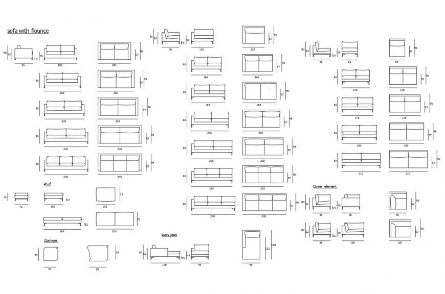 Multiple Sofa Elevation Blocks with Flounce for CAD Projects