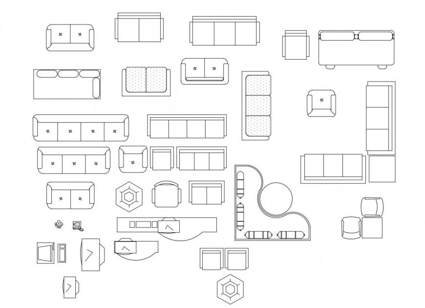 Multiple sofa sets and drawing room 2d furniture blocks details dwg file