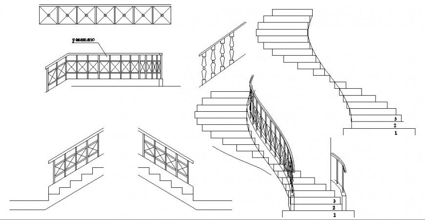 Multiple spiral and simple staircase blocks cad drawing details dwg file
