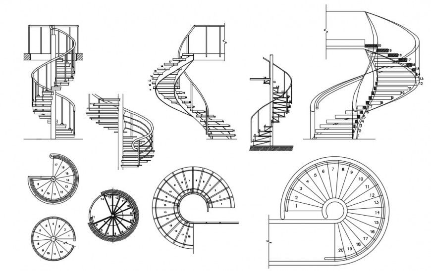 Multiple Spiral Staircase Blocks Layout and Design Details DWG File