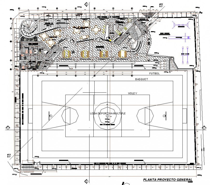 Multiple sports building work plan and playground details in autocad