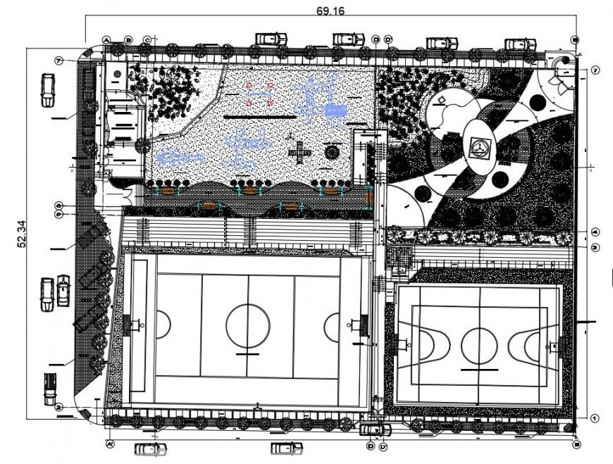 Multiple sports court center distribution and landscaping details dwg file