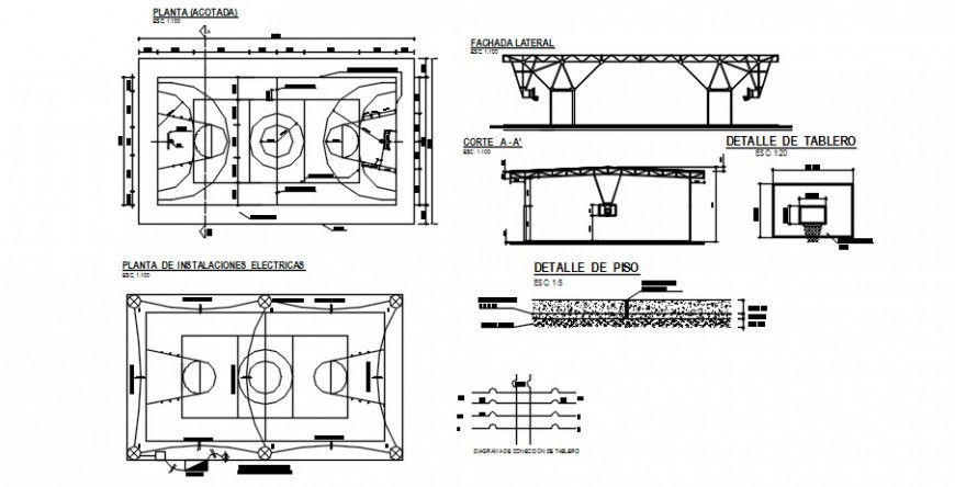 Multiple sports court center section and plan drawing details dwg file