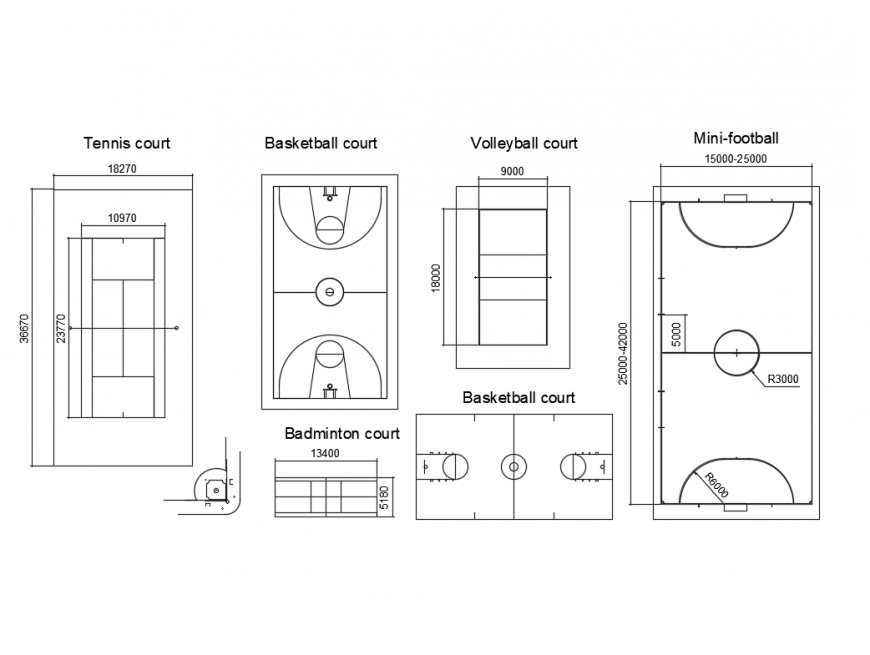 Multiple sports ground courts and fields cad drawing details dwg file