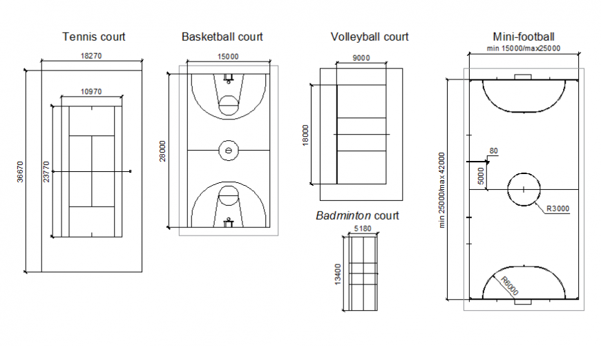 Multiple sports ground dimensions and diagram cad drawing details dwg file