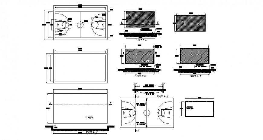 Multiple sports ground section, plan and landscaping details dwg file
