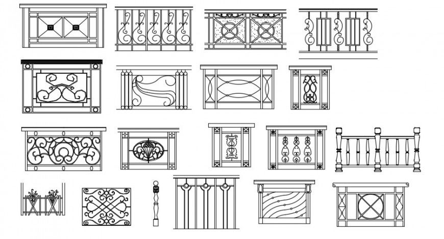 Multiple stair and balcony railing blocks drawing detail dwg file