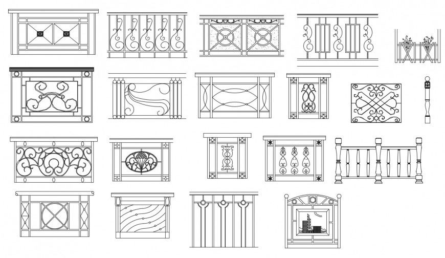 Multiple staircase and balcony railing blocks cad drawing details dwg file